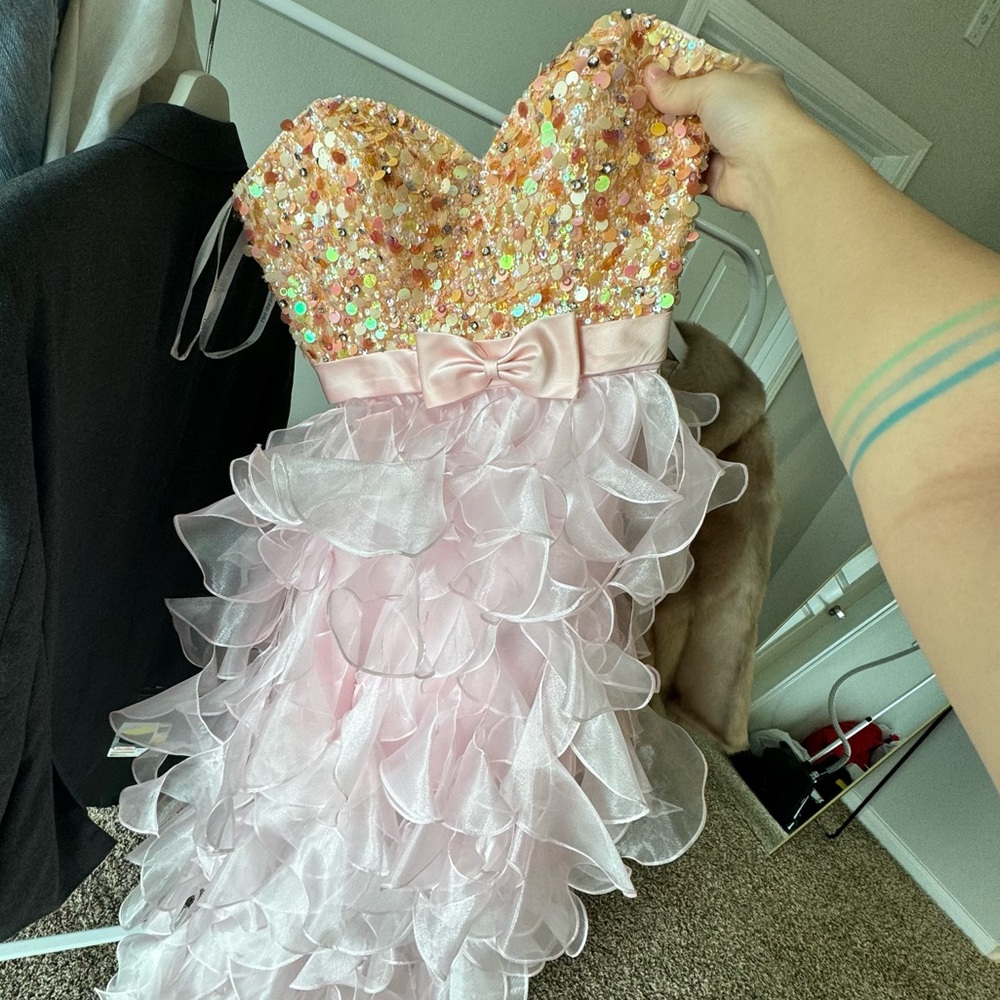 Sherri Hill Pink Sequin & Gold Embellished Ruffle Maxi Dress